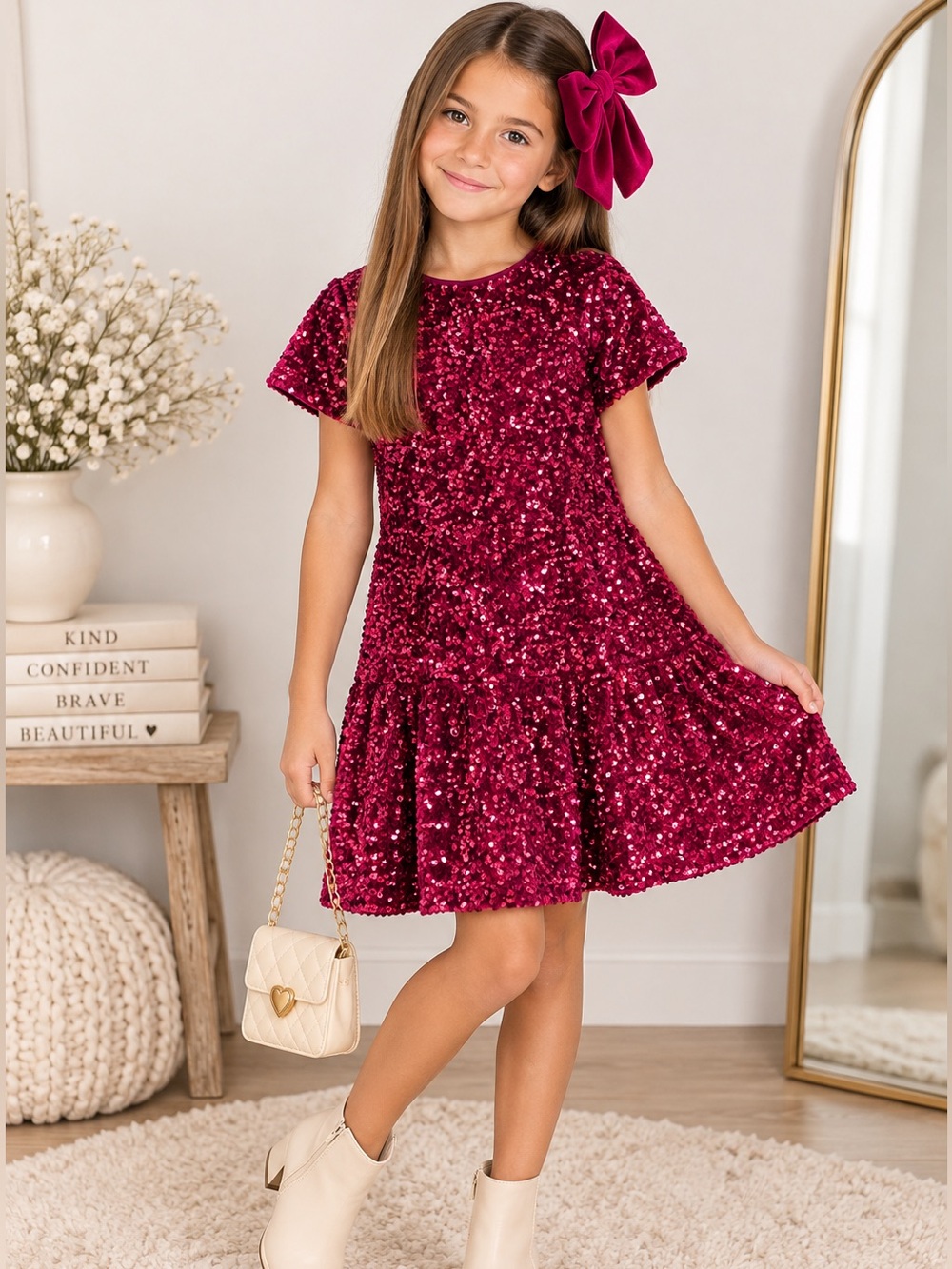 Zara Girls Burgundy Sequin Party Dress Size 9 Years